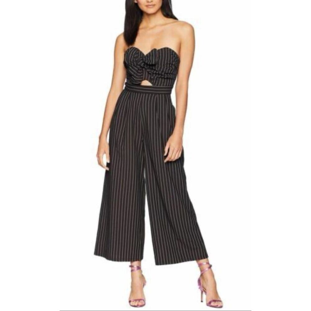 ASTR the Label Mara Black Pinstripe Strapless Cropped Wide Leg Jumpsuit Bow Sz L